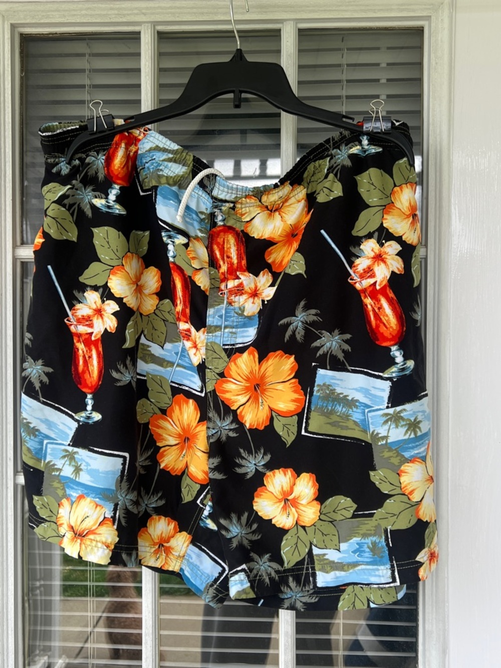 Tropical Hibiscus Print Swim Trunks - Black with Orange Flowers